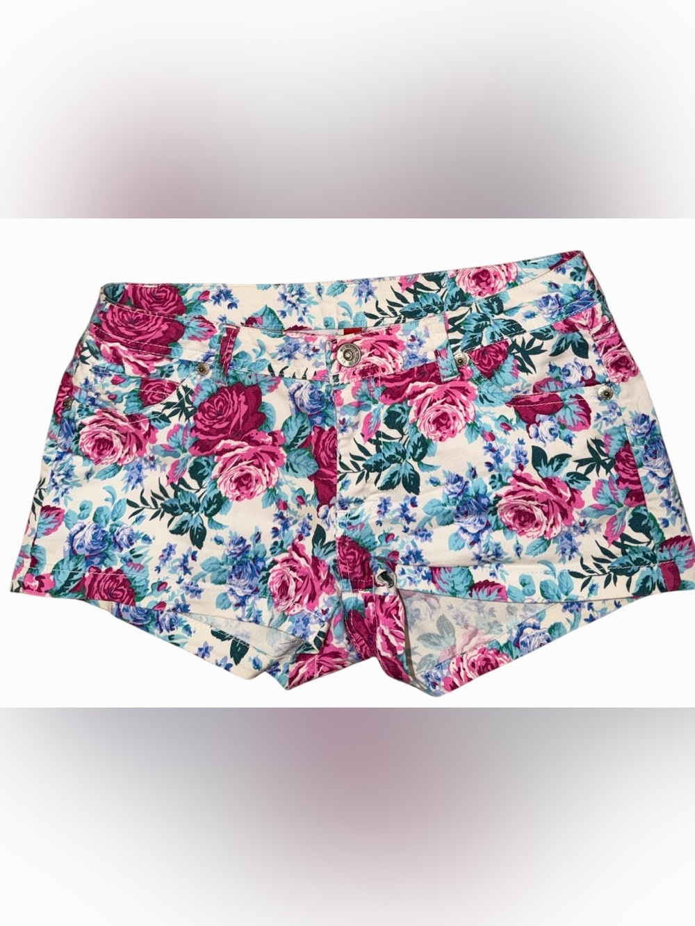 HL Size Small White Floral Denim Shorts Pink Teal Blue Low Rise Short Shorts